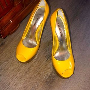 Patent leather platform heels.